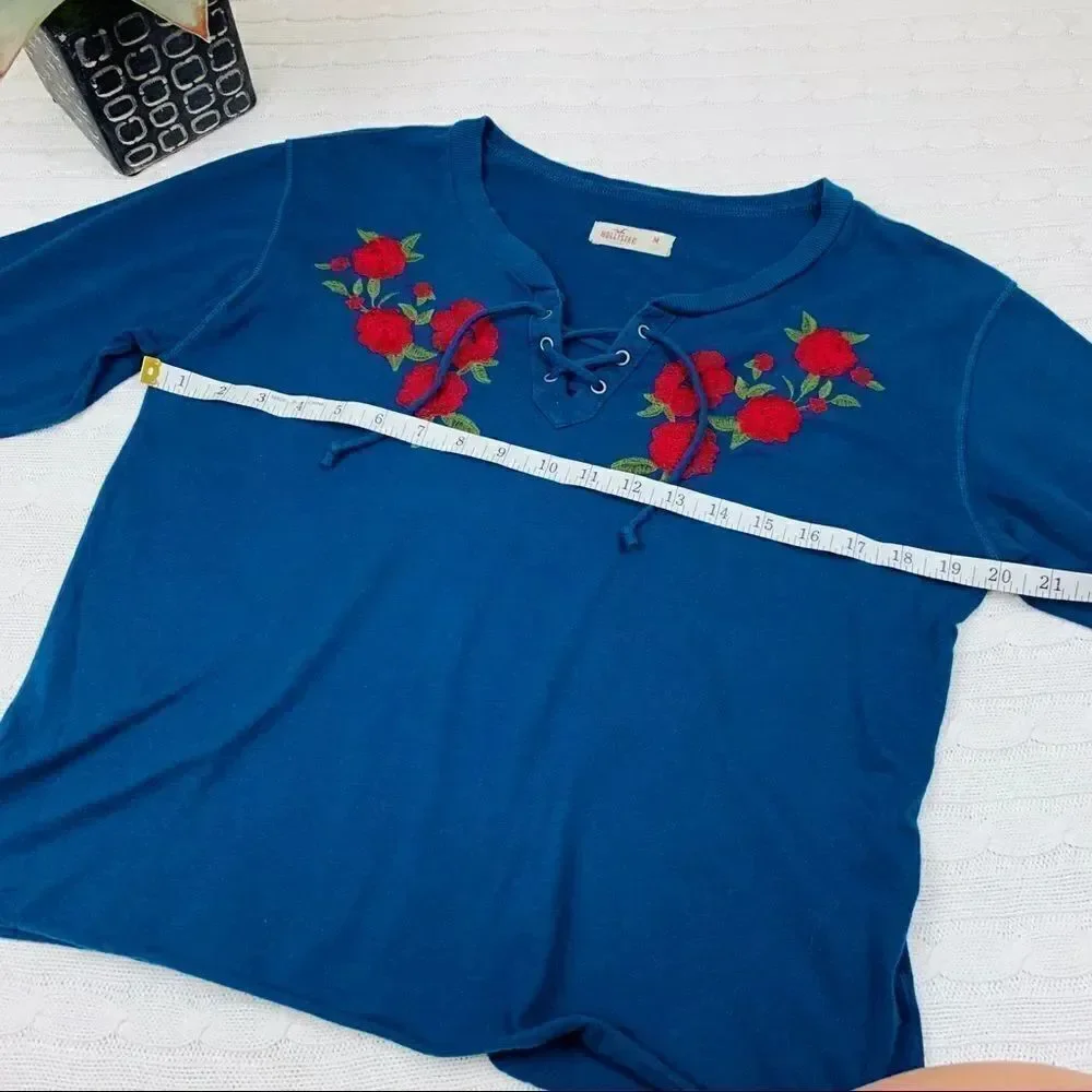 Hollister lace up long sleeve embroidered crop top
